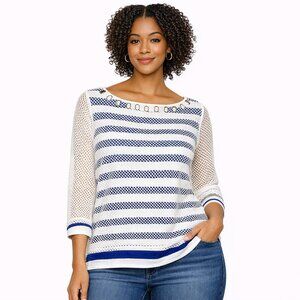 Ruby Rd Blue & White Striped Mesh Overlay Top | Boat Neck | Size XL